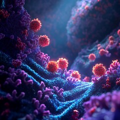 Naklejka premium Microscopic view of viruses attaching to a cell surface, showcasing intricate details and vibrant colors.