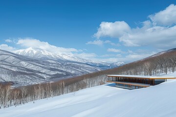 Naklejka premium Stunning modern architecture snowy mountains landscape photography serene environment wide angle view contemporary design