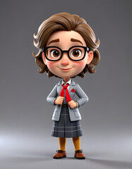 Happy happy school girl little cartoon Character 3D Rendered on Gray Background.	
