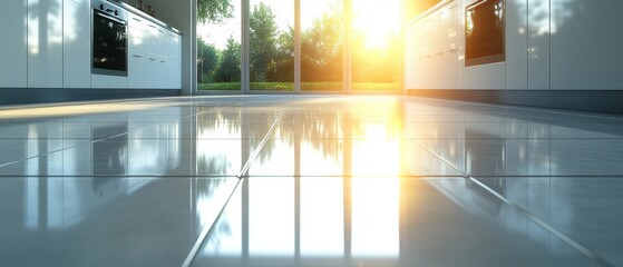 Sunlit modern kitchen with glossy tile floor reflecting light and window view.