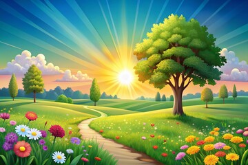 Naklejka premium Minimalist Sunrise Meadow: Cartoon Nature Landscape Illustration