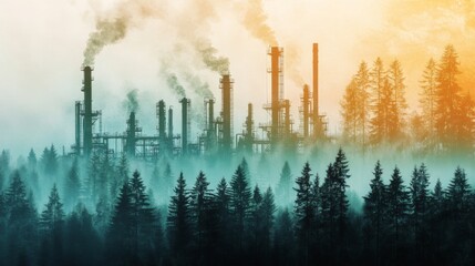 Obraz premium Industrial pollution impacting forests aerial view of smoky oil refinery surrounded by trees