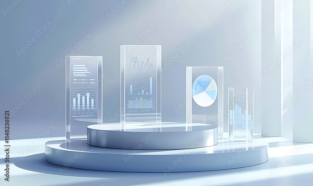 Poster glass displays showcasing data charts and graphs on a minimalist platform in a bright room.