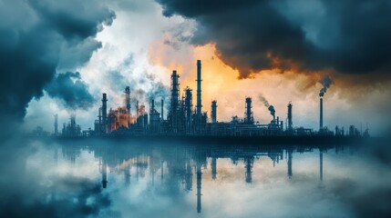 Obraz premium Industrial emissions and pollution oil refinery landscape photography urban environment aerial view environmental impact