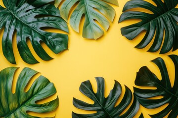 Tropical monstera leaves arranged on a vibrant yellow background, creating a summery and visually appealing frame.