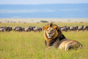High resolution nature photography: thriving grasslands with lions, wildebeest