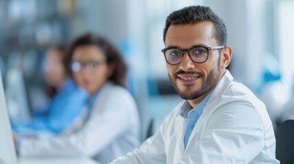Fototapeta premium A smiling male professional in a lab coat works at a computer, showcasing a collaborative and innovative environment.