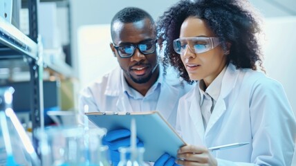 Two scientists in lab coats and safety goggles collaborate over a clipboard, surrounded by laboratory equipment, emphasizing teamwork in research.