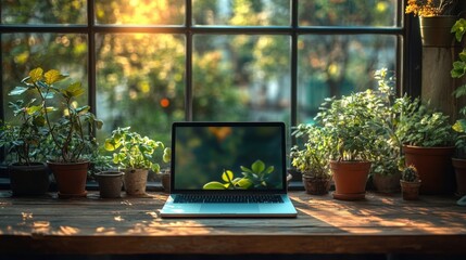 Laptop, plants, and sunlight create a serene workspace by the window.