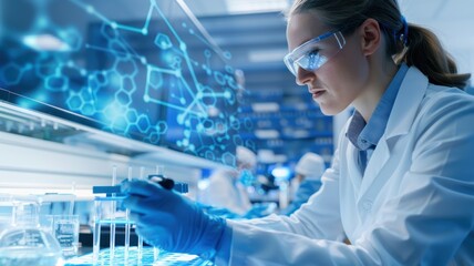 A scientist in a lab analyzes samples using advanced technology, surrounded by scientific equipment and digital displays.
