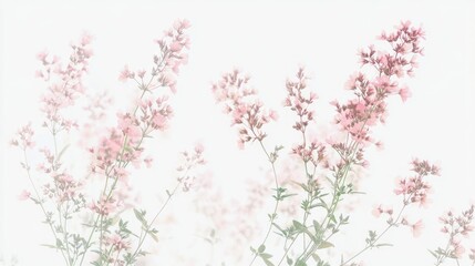 Delicate pink flowers softly fading into light on a serene white background, creating a gentle, ethereal atmosphere perfect for nature-themed projects or backgrounds.
