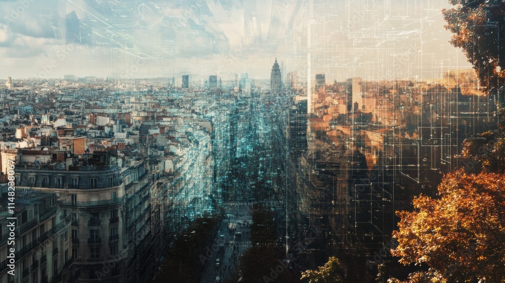 Aufkleber exploring a vibrant cityscape enhanced by digital neural networks representing artificial intelligen