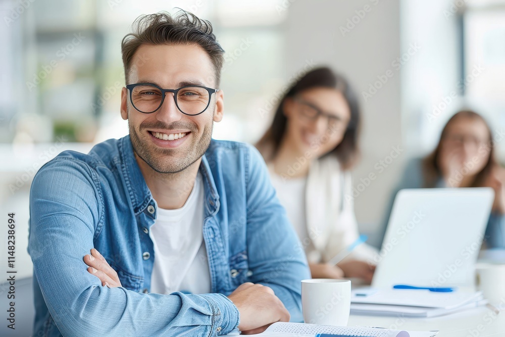 Poster a smiling man in glasses sits at a table with colleagues, creating a positive atmosphere in a modern