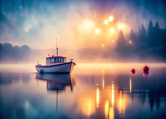 Misty Morning Boat, Foggy Harbor Scene, Bokeh Photography, Watercraft in Mist, Atmospheric River Scene