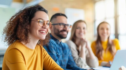 Obraz premium A group of four smiling individuals engaged in conversation, showcasing a positive and collaborative atmosphere in a bright workspace.