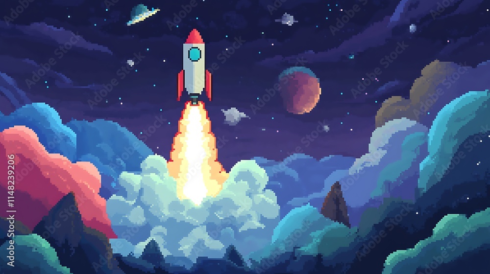 Poster pixel rocket launch in space.