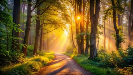 Misty Sunrise Pathway, Forest Trail, Sunbeams, Magical Woods, Autumn Path, Nature Photography, Golden Hour, Peaceful Scene, Woodland Walk