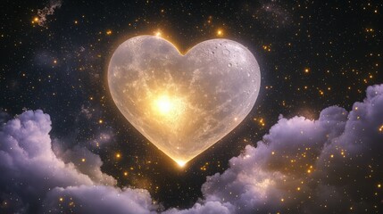 Obraz premium A glowing heart, filled with golden light, floats among celestial clouds and twinkling stars, suitable for romantic and spiritual marketing.