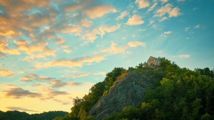 A house perched on a rocky hill under a colorful sky at sunset.