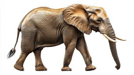 Obraz premium Realistic Elephant Walking in Profile Surrounded by a White Background, Showcasing Majestic Features and Textures of the Animal's Skin and Tusks