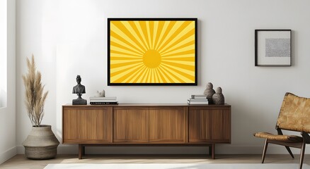 Modern interior design and home decoration ideas. A frame hanging on the wall of an apartment. Next to it are modern furniture and a vase with some books.