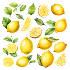Lemon watercolor set. Transparent background. Can be used for postcards, stickers, encyclopedias, menus, ingredients of dishes.