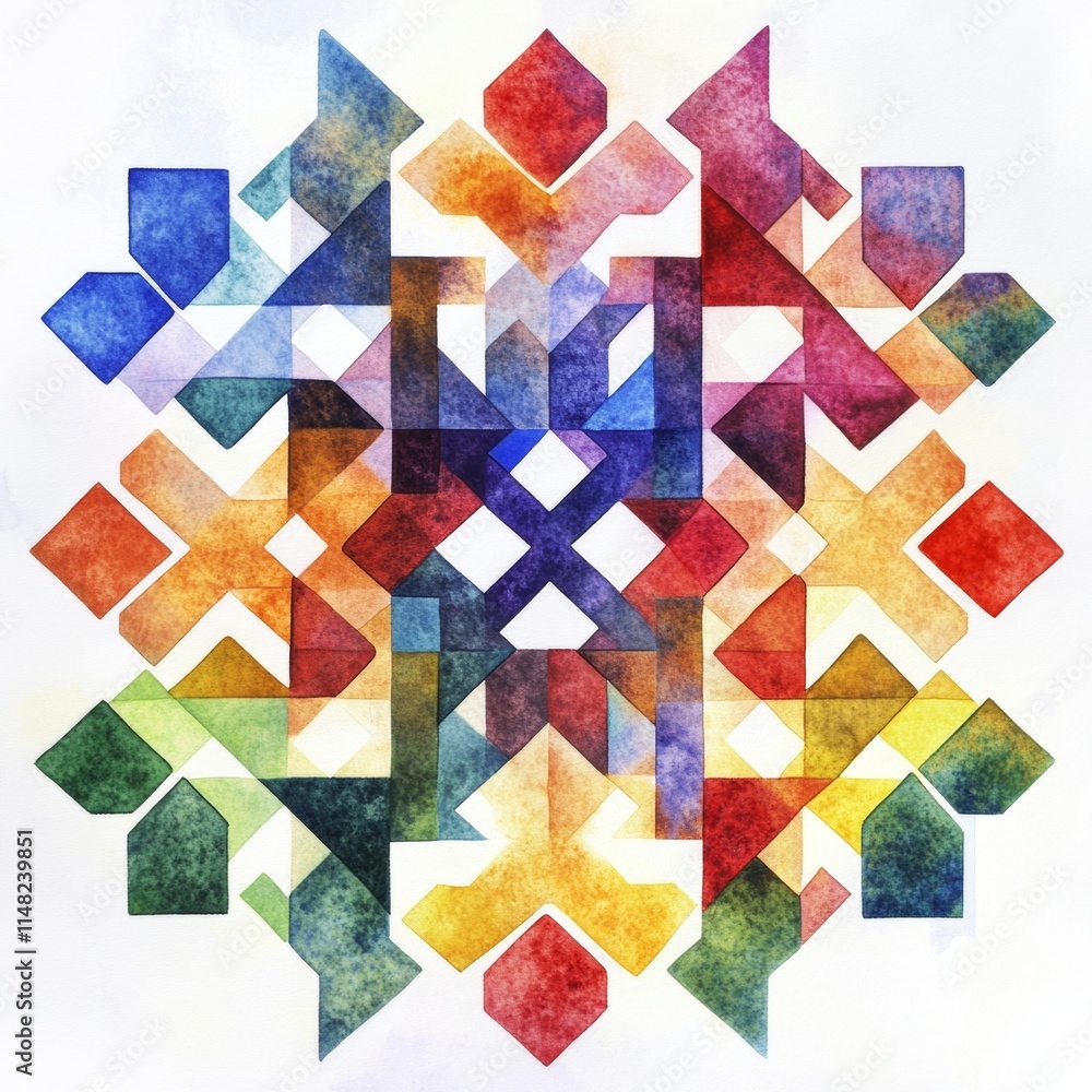 Poster a colorful design made of squares and triangles. the squares are in different colors and sizes