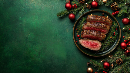 Festive green background green with sliced roast beef with rosemary on plates surrounded by christmas decorations. Christmas Eve concept. Top view photo