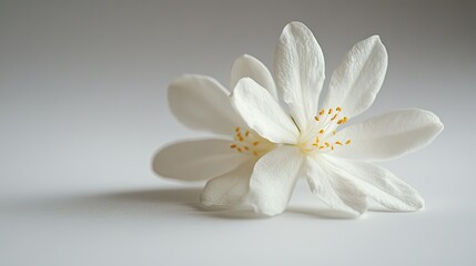 Delicate White Flower with Fine Petals and Vibrant Yellow Stamen on Soft Background, Perfect for Nature and Floral Theme Imagery.