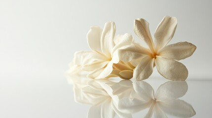 Elegant White Flower Arrangement with Soft Petals and Reflective Surface Creating a Serene and Minimalist Atmosphere Perfect for Nature and Wellness Themes