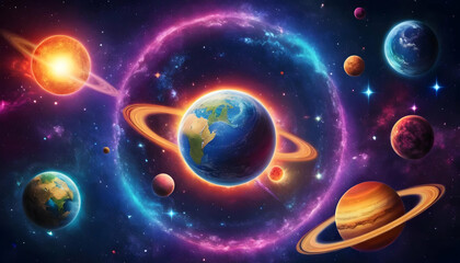 Fototapeta premium Cosmic Wonders A Celestial Ballet of Planets and Stars in Vibrant Nebula