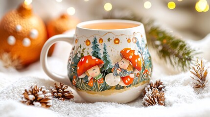 Fototapeta premium personalized gifts and Photo books with Ornaments Concept. Cozy Cup with Whimsical Design and Winter Decor