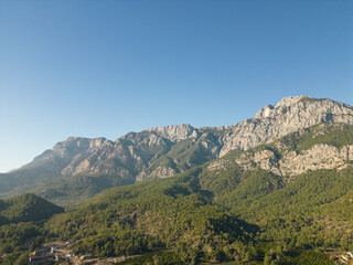 Mediterranean village aerial view, farming and hills