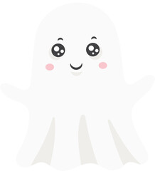 Adorable cartoon ghost with large black eyes and rosy pink cheeks, smiling and waving cheerfully, adding a playful touch to Halloween projects and children s designs