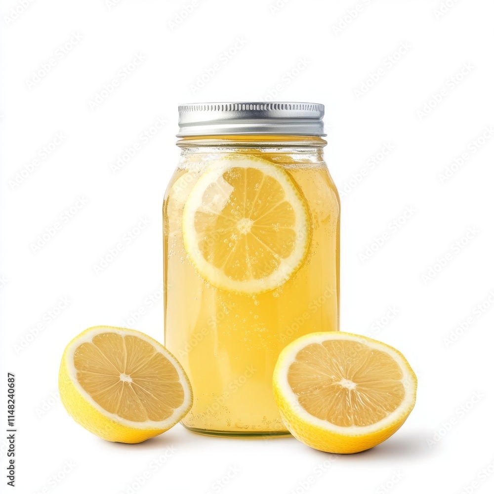 Poster a jar of lemonade with a slice of lemon in it