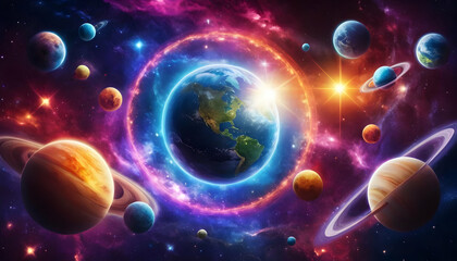 Naklejka premium Cosmic Dance of Planets: A Vibrant Celestial Ballet of Stars and Worlds in the Universe