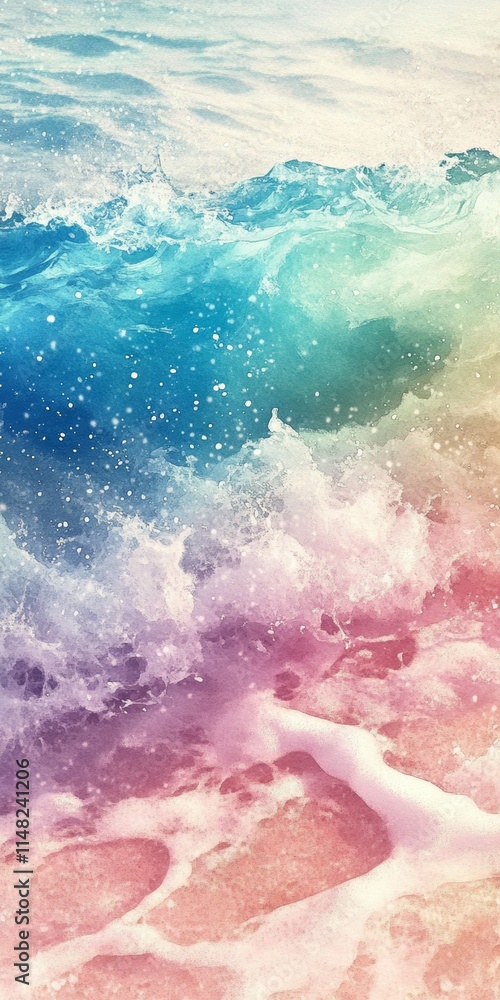 Poster captivating image of rainbow-colored ocean waves crashing on the shore, creating a dreamlike and vib