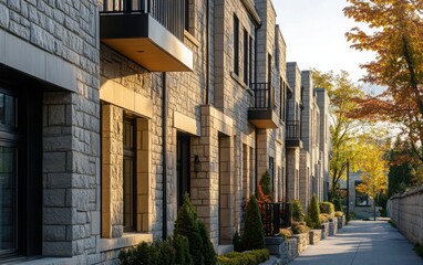 Naklejka premium Contemporary townhouses with stone facades located in the suburbs of Montreal, Canada