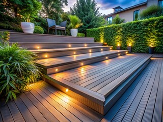 Modern Deck Design: Ash Grey Composite Decking, Lush Greenery, Ambient Lighting - Macro Photography