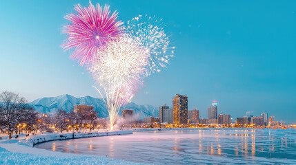 Obraz premium Fireworks explode over a snow-covered city by a frozen lake at twilight.