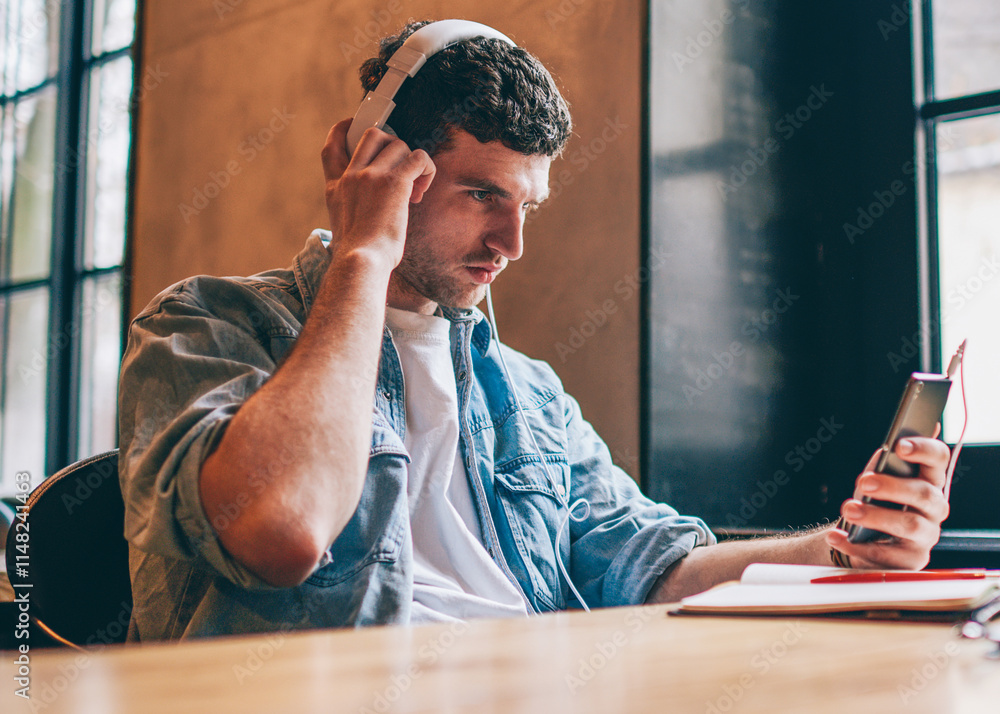 Aufkleber handsome hipster guy browsing wireless internet and watching video online on smartphone device using