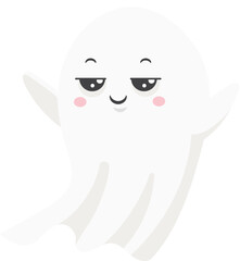 Adorable cartoon ghost with smiling expression and arms raised, floating against a white background, creating a whimsical and playful Halloween scene