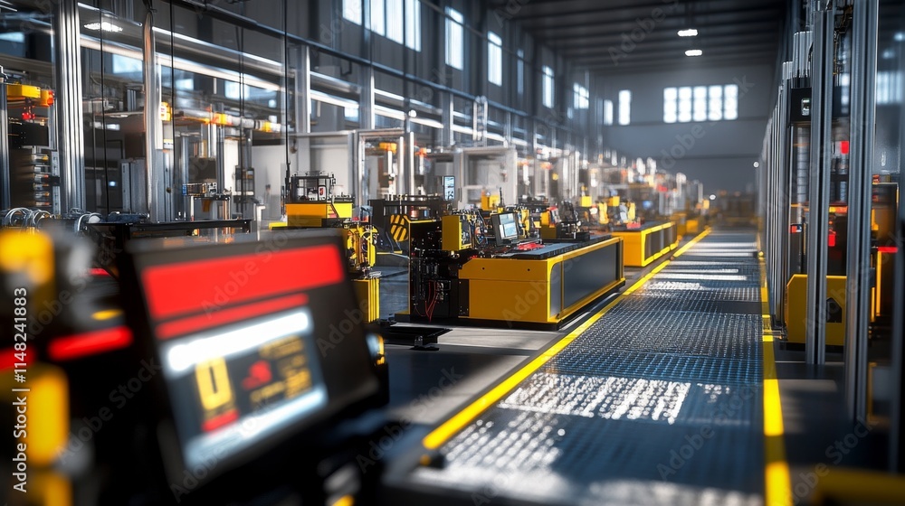 Poster industrial manufacturing process inside modern factory production line digital content efficient env