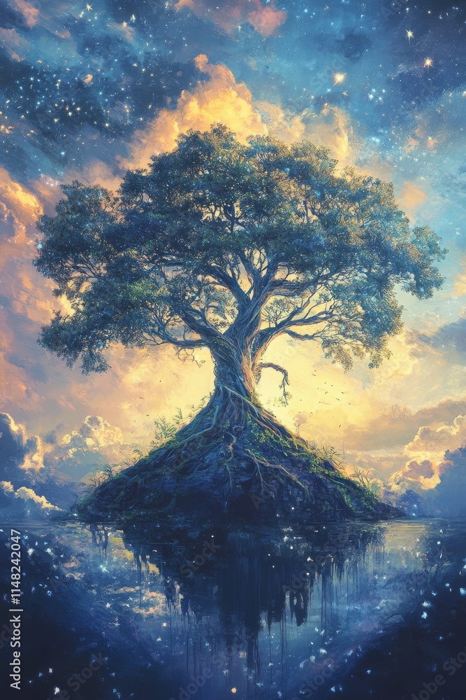 Poster a tree is growing on a small island in the middle of a lake. the tree is surrounded by water and the