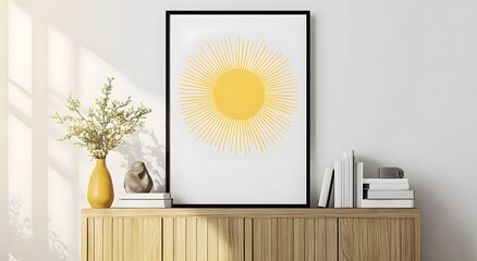 Modern interior design and home decoration ideas. A frame hanging on the wall of an apartment. Next to it are modern furniture and a vase with some books.