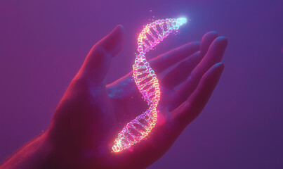 A glowing DNA strand is held delicately in a hand, representing the fusion of biology and technology in a vibrant, futuristic setting.