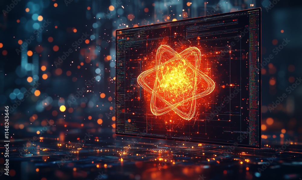 Poster a glowing atom symbol surrounded by digital particles, representing technology and science in a futu