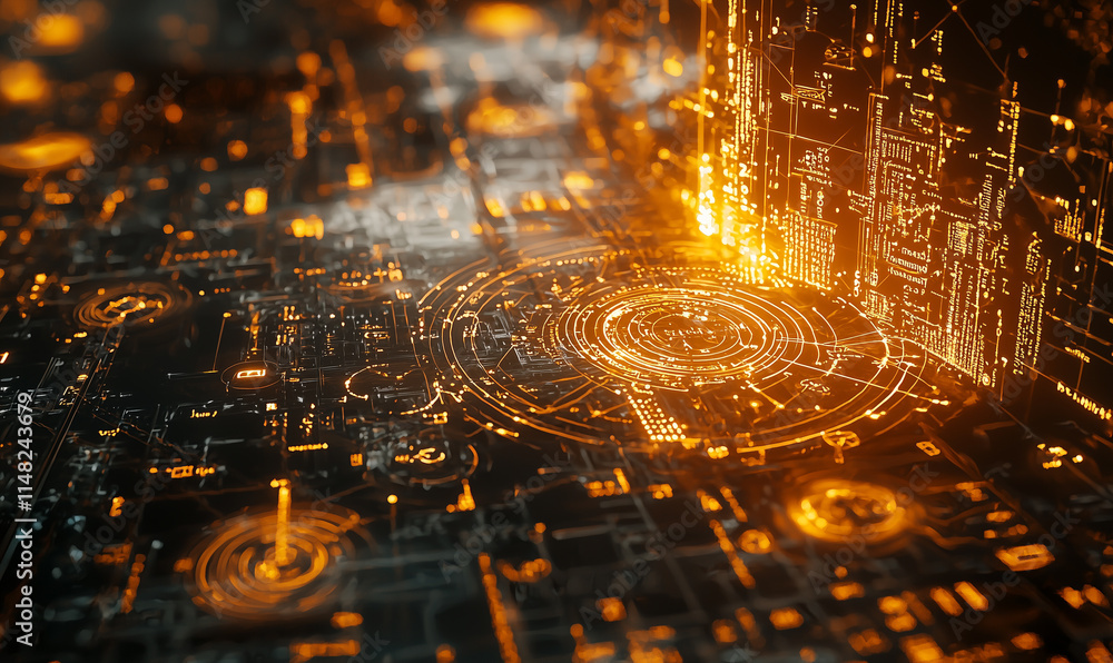 Poster a vivid digital landscape featuring glowing circuits and pulsating patterns in warm tones, symbolizi