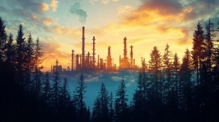 Industrial landscape at sunset oil refinery environmental impact forest backdrop wide angle view pollution awareness