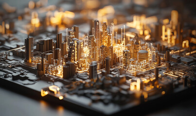 A detailed, illuminated cityscape model resembling a circuit board, showcasing a blend of technology and urban architecture.